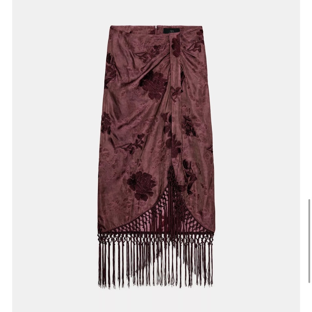 Elegant Burgundy Floral Skirt with Fringe